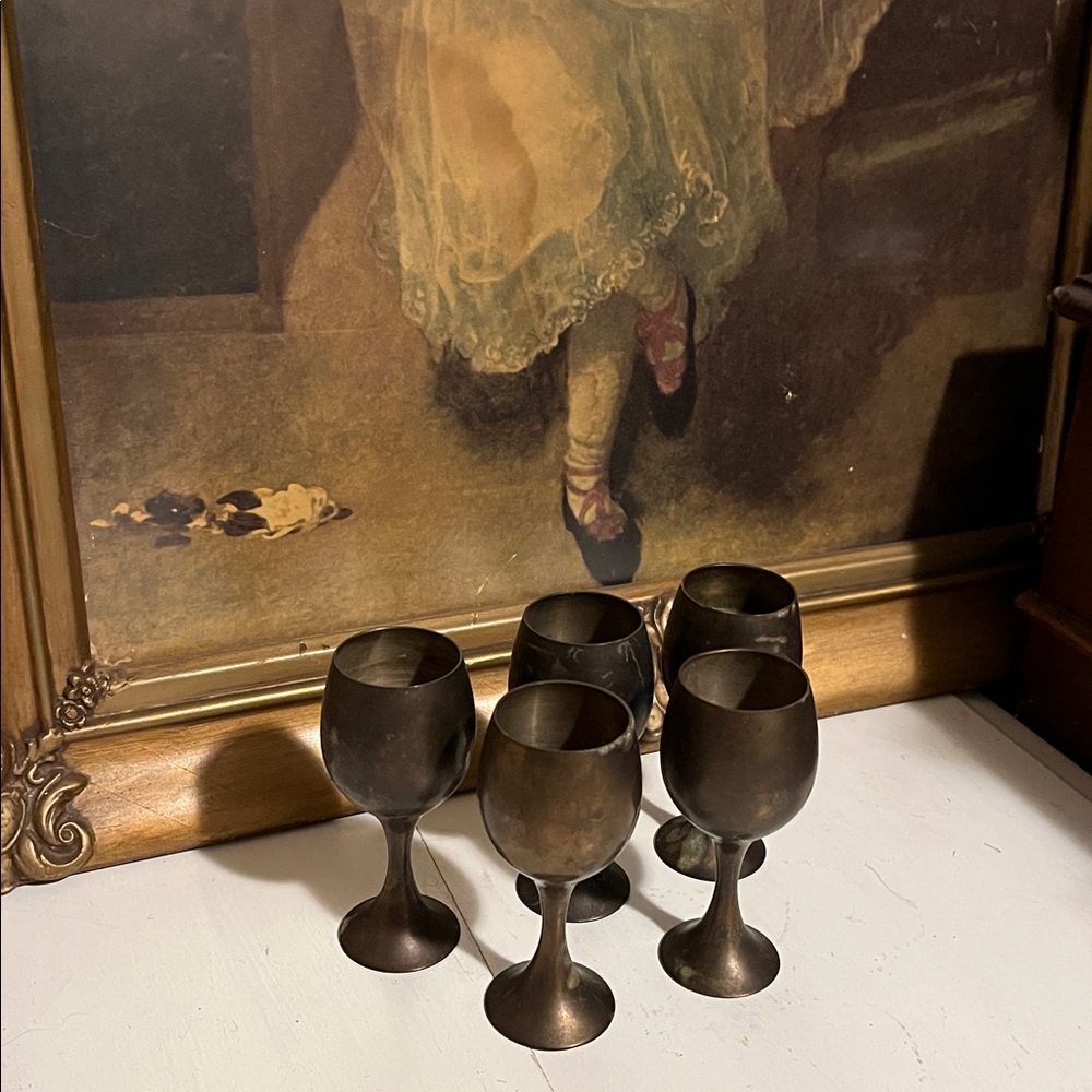 MCM BRASS Wine Goblets Set of (5) Miniature Vintage Rare Patina’d SOLID